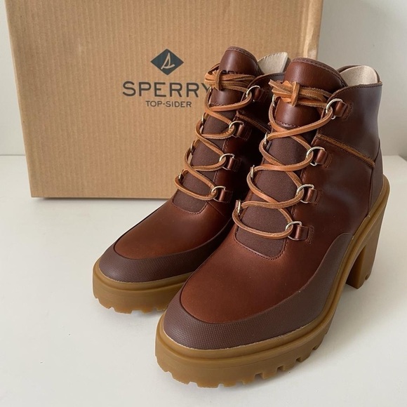 Nib Sperry Pretty Tough Tan High Heeled Ankle Booties Waterproof Leather - Picture 10 of 12